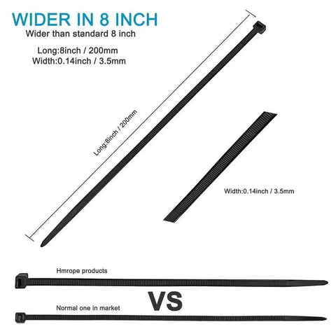 Heavy Duty Eight Inch Cable Zip Ties 100 Pack With Fifty Pound Tensile Strength shown in size comparison chart, premium black nylon.