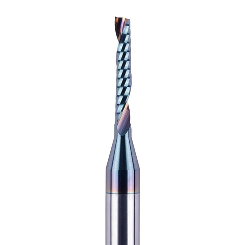 Precision One Eighth Inch Carbide O Flute Spiral Router Bit With Durable Coating For Acrylic And Non Ferrous Metal CNC Milling Cutter Two And A Half Inch Overall Length Three Quarter Inch Cutting Length One Quarter Inch Shank SpeTool showing product close-up.