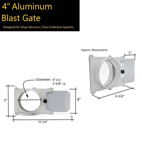 4-inch aluminum blast gate for vacuum/dust collection systems, front and side views show 4-inch diameter.
