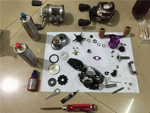 Disassembled fishing reel with Three Piece Fishing Reel Bearing Kit For Shimano Ultegra 3000 4000 5000 Models Includes Eight By One.