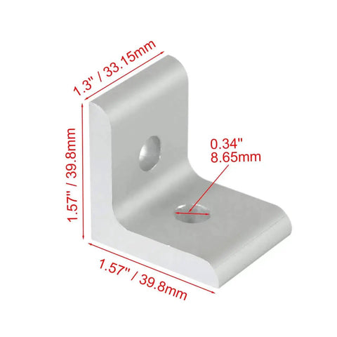 Inside Corner L Bracket Connector For 40 Series Aluminum Extrusion with dimensions, showing two holes for secure mounting.