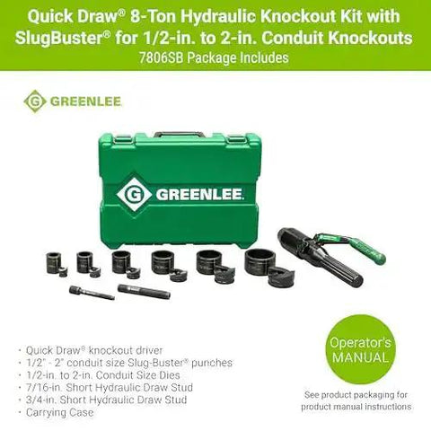 8 Ton Hydraulic Knockout Punch Kit With Quick Draw Driver for Half Inch to Two Inch Holes, punches, dies, studs, green case displayed