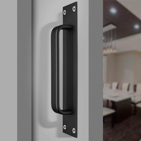 Sliding Barn Door Handle Set Black 2 Pack Aluminum Alloy 7.9 Inch Long Door Pulls With Plate 7.1 Inch Center To Center Mount in use