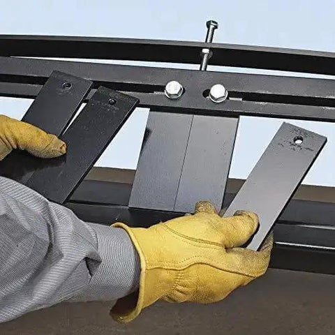 Hands adjusting clamps on MB48B 48 Inch Pan Style Mini Brake For Portable On The Job Pans And Large Components 135 Degree Bends