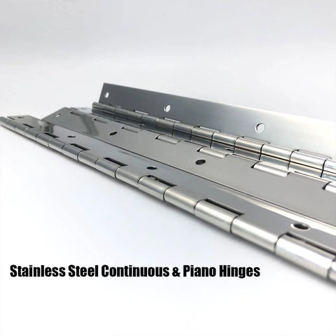Stainless steel continuous and piano hinges, 4-piece set, 18-inch length, polished finish, 0.04-in leaf, 1.2-in open width
