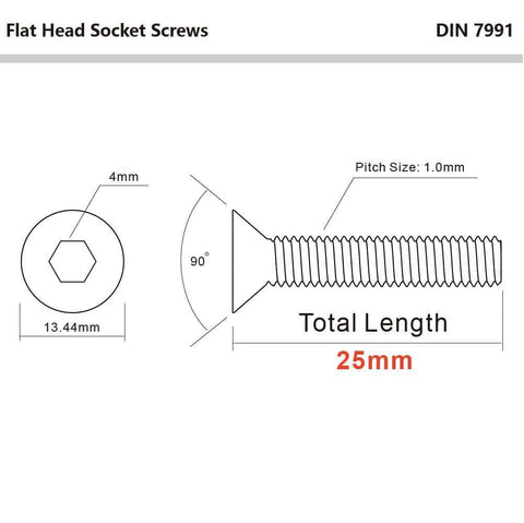 Diagram showing dimensions of M6 Flat Head Socket Cap Screws 1.0mm Pitch, 25mm Long, Stainless Steel 304 Bright Finish, DIN 7991