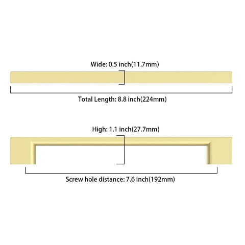 Diagram showing dimensions for 10 Pack 7.5 Inch Brushed Brass Cabinet Pulls, with measurements in inches and millimeters.