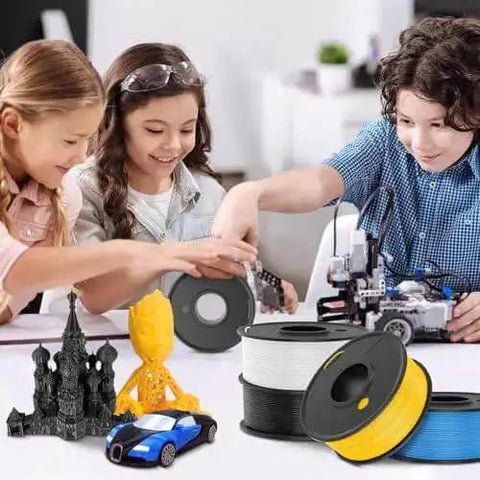 Children using 3D printer with PLA 1.75mm Filament Bundle For 3D Printers, 2kg Total, 8 Spools Of 250g, Colorful Set.