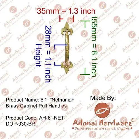 Nethaniah brass cabinet pull handle 6.1 inches with detailed measurements and Adonai Hardware branding.