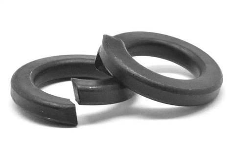 Two 1-1/2 in black oxide split lockwashers, medium carbon steel