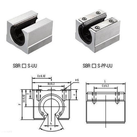 Open Linear Bearing Block SBR16UU 16mm aluminum with schematics, showing open design and ball bearing slide for CNC projects.