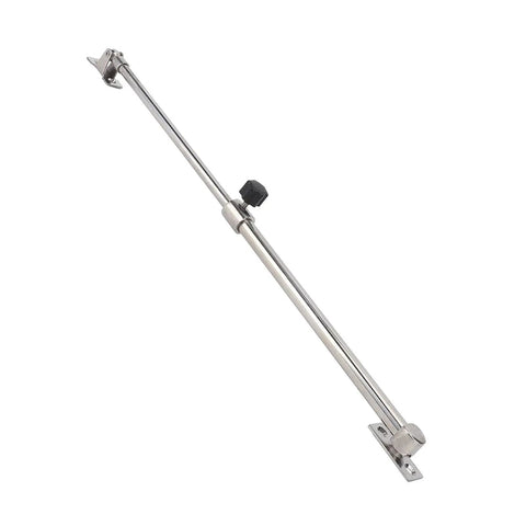 Stainless steel boat hatch window adjuster support rod, angled view, 248–432mm, mounting brackets and knob