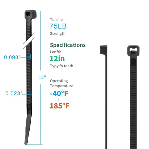 Image of 12 Inch UV Resistant Zip Ties, 1200 Pcs, 75 Lbs Tensile Strength, Premium Self Locking Cable Ties For Indoor And Outdoor Use.