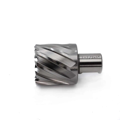Side view of One and a Half Inch Annular Cutter for Magnetic Drill Press With One Inch Cutting Depth and Three Quarter Inch Weldon Shank