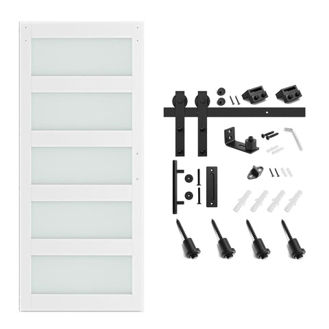 34 X 84 Inch Glass Barn Door With 6 Ft Sliding Hardware Kit And Handle, Pre Drilled, White 5 Panel, Frosted One Side, Clear Other