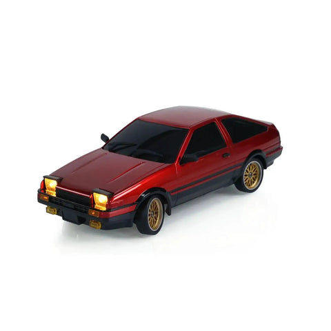 One Eighteen Scale RC Drift Car With Gyro Stabilization In Vintage Red, Wireless Remote Control, side view of model with lights on