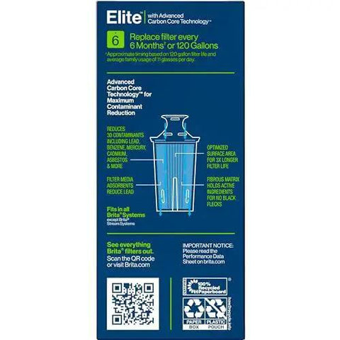 Packaging details of Elite Water Filter Replacement For Pitchers 99 Percent Lead Reduction showing filtration features and lifespan.