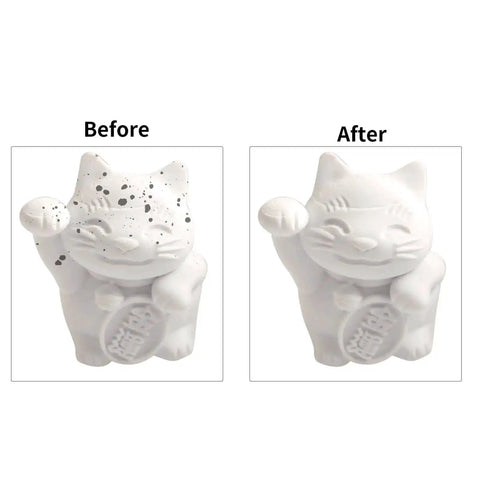 Before and after cleaning comparison of a white ceramic figurine using A1 Nozzle Brush Replacement Kit For 3D Printers With Hotbed Mounted Silicone Wiper.