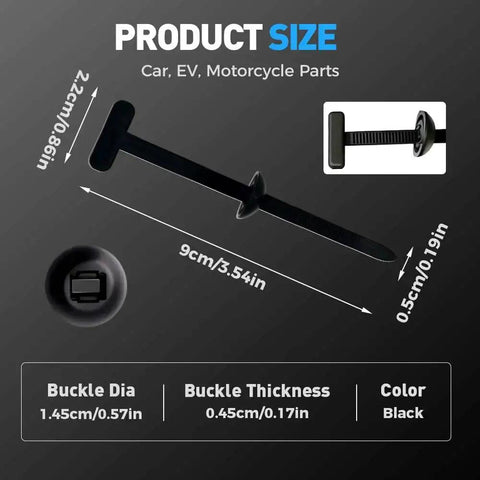 Heavy Duty Self-Locking Cable Tie Buckle Kit for Cars, black nylon, dimensions shown, car trim clip alternative, 50 Pack