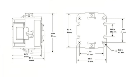 Technical diagram of One Pole 24V Air Conditioner Contactor With 32 Amp FLA Heavy Lug Terminals And Quick Connect 600V Rated dimensions.