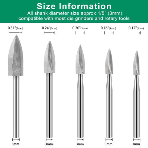 Wood Carving Drill Bits Set for Dremel Rotary Tool Five Piece Engraving Bits for Woodworking and DIY Crafts With One Eighth Inch Shank in 3mm 4mm 5mm 6mm and 8mm Sizes Shown on Green Background