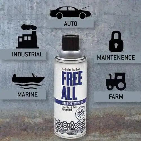 Can of 11 Ounce Penetrating Oil For Rust And Corrosion Loosens Stuck Parts Instantly Penetrates Scale Tar Grease Carbon And Graphite Residue Ideal For Tools Machinery Auto Components with icons for auto, industrial, maintenance, marine, and farm use.