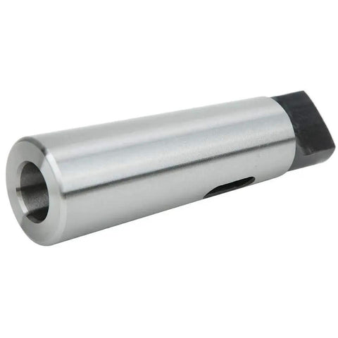 Morse taper reduction sleeve MT5 to MT3 adapter, silver metal with hollow bore for drill presses and lathes.
