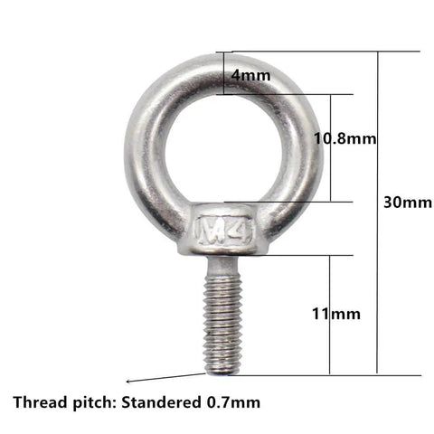 Ten Pack M4 Ring Eye Bolts, Heavy Duty 304 Stainless Steel, Shoulder Lifting, Male Thread, 0.7 Mm Pitch, 12 Mm Thread Size, Silver