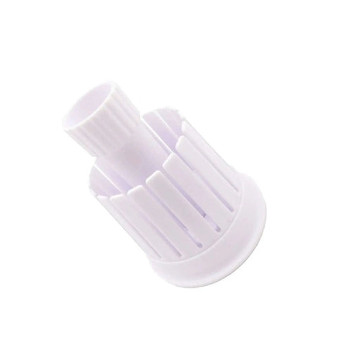 Versatile Onion Blossom Maker And Fruit Vegetable Cutter For Home Use Create Fried Onion Blossoms And Blooming Slices From Onions Apples Oranges Tomatoes And More With Easy Safe Prep. White plastic device with vertical slits, top view.