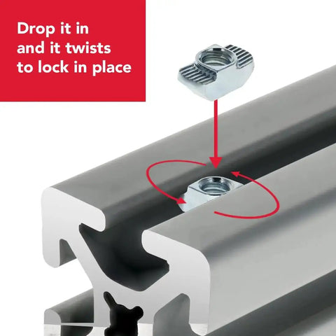 Drop In T Nut With Quarter Twenty Thread For Aluminum Extrusion Hardware Fits 40 Series 1515 1530 And 40mm Profiles Steel With Zinc Finish 10 Pack Built Tough For Sturdy Mounts showing installation