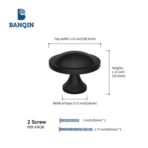 10 Pack Black Round Mushroom Cabinet Knobs For Dresser And Drawer 1.5 Inch Diameter, Includes Two Screw Lengths, Individually Packed