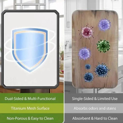 Dual Surface Titanium And Wheat Straw Cutting Board With Juice Groove, Scratch Resistant, Pro Grade Heavy Duty Chopping Board For Meat And Produce, 99.9 Percent Titanium Meat Side And Eco Wheat Straw Produce Side displayed with shield and germ graphics.