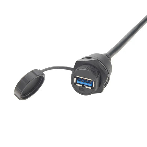 Rugged IP67 USB 3.0 A Male To Female Bulkhead Panel Mount Extension Cable 0.3M Waterproof Cap 5Gbps Data Transfer For Control Cabinets HMI Automation Systems
