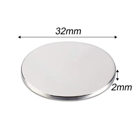 Front view of neodymium disc magnet, 32 mm diameter, 2 mm thick, silver finish.