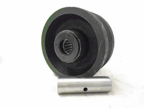 Rigid Caster With 7/8 Inch V-Groove Iron Steel Wheel, 4 By 2 Inch Footprint, heavy duty wheel shown with axle pin