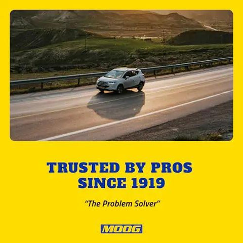 SUV driving on a scenic highway at sunset with mountains in the background, promoting Moog's trusted automotive parts since 1919.