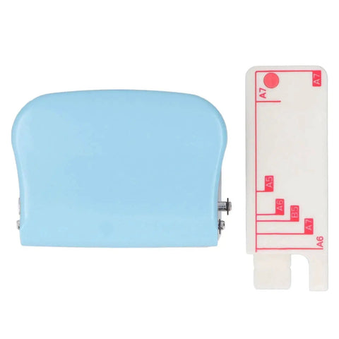 3 Hole Paper Puncher For Office Or DIY Projects, Handheld 5 Sheet Capacity, blue metal body with size guide, portable punch tool
