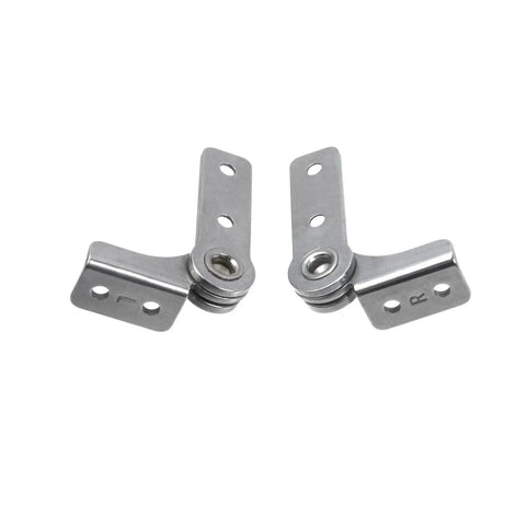 Front view of two-piece stainless steel flip hinge dampers with mounting plates (R and F) for cabinets, boxes