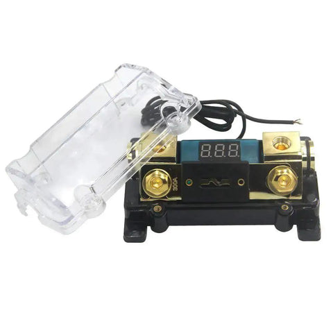 Front view of 300A Inline ANL Fuse Holder With Digital Voltage Display For Car Stereo 0 GA In And Out 2 GA 4 GA Adaptable Heavy Duty Audio Protection