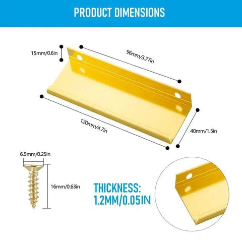 Product dimensions of 10 Pack Edge Finger Pulls For Cabinets, 4.72 Inch Length, 96 Mm Hole Center, gold finish, and included screw.