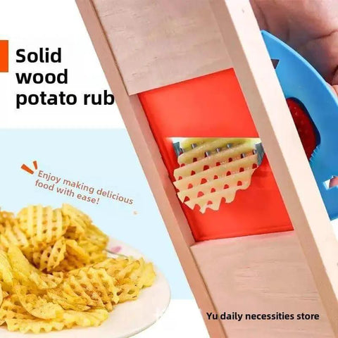 Manual Stainless Steel Wave Cutter For Potatoes And Vegetables, crinkle cut potatoes on a plate, solid wood handle, rust resistant blade.