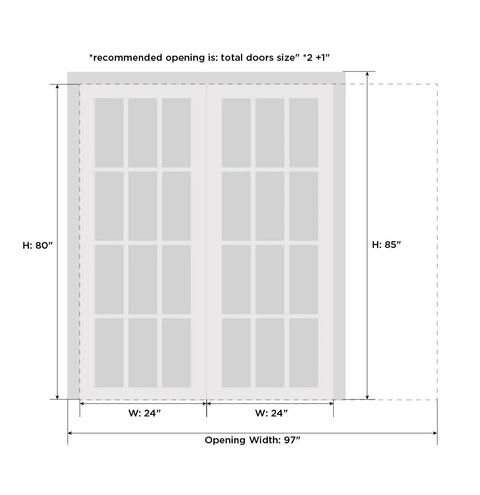 Diagram showing dimensions of Quadro 4088 Interior French Double Pocket Doors With Frosted Glass In Black MDF 48x80.