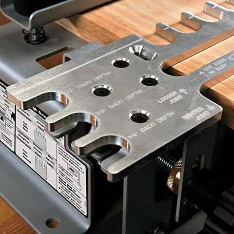 Close-up of Dovetail Jig Kit For Woodworking With Mini Templates 4211 4213 And 4215 for precision joinery with alignment lines.
