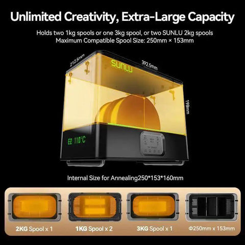 FilaDryer E2 All-In-One Filament Dryer And Annealing Box for 3D printing, showing large capacity and spool compatibility.