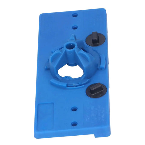 35mm Hinge Hole Saw Jig Drill Guide Set for Woodworking and Door Hardware Installations Adjustable Depth Stop From 15mm to 45mm ABS Plastic Locator Guide For DIYers And Pros Precise Punching And Boring Blue, close-up view