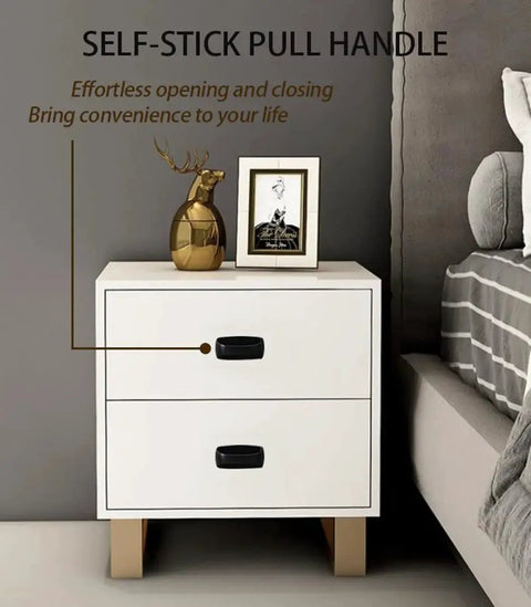 6 Pack Self Stick Cabinet Handles And Drawer Pulls With Adhesive, Drill Free Installation on white bedside table in modern bedroom.