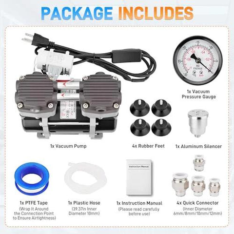 Oil-free 50L/min vacuum pump kit with gauge and silencer, includes 4 rubber feet, hose, tape and quick connectors.
