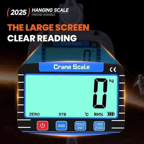 Heavy Duty Hanging Crane Scale 11000 Lbs 5T With Remote Control And LCD Display Measures Temperature And Humidity Built Tough Industrial Grade For Construction Factory Farm Silver showing large screen display with clear reading and control buttons.