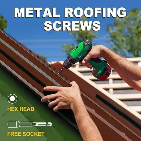 Heavy Duty Metal Roofing Screws For Roofing And Siding 14 By One And A Half Inch 300 Pack Brown Painted Anti Corrosion Coating Easy Install Hex Head With Rubber Washer Sharp Point Hex Socket Included 1022A Carbon Steel By LIONMAX being used on a roof in a construction setting.