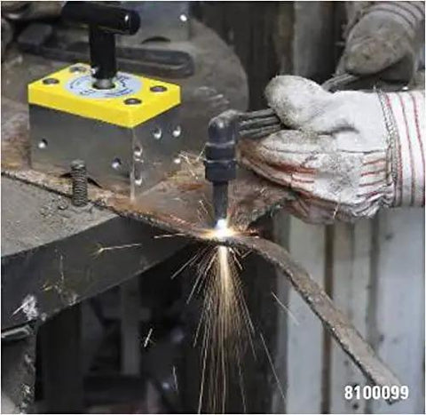 Magnetic Welding Square Base Clamp Holder For Precise Fixturing And Alignment With 150 Lb Holding Power And On Off Capabilities Perfect For Welding Kits Tools And Accessories Including Flat And Round Tubing Magswitch MagSquare 165 In Black in use during metal welding.